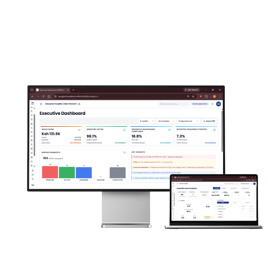 EquipNet platform dashboard shown across a desktop monitor and laptop